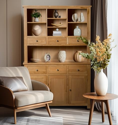 Hallowood Furniture Waverly Large Oak Display Cabinet, Oak Sideboard w/Top | Solid Wooden Dresser Unit with w/ Top, 3-Door Cupboard, 6 Drawers and Open Shelves in Light Oak for Living Room or Kitchen