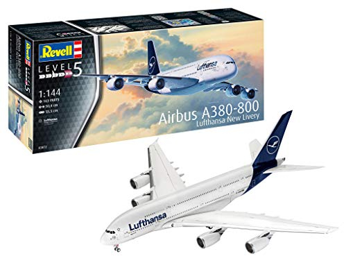 Revell 03872 Passagierflugzeug Airbus A380-800 Lufthansa New Livery, 1:144/50,4 cm originalgetreuer Modellbausatz für Experten, unlackiert, 1/144 03872 3872