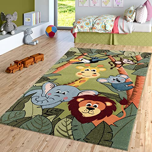 TT Home Kinderzimmer Teppich Dschungel Zoo Tiere Giraffe Schlange Löwe AFFE Grün, Größe:Ø 120 cm Rund