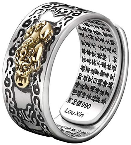 OUTEYE Bague en argent 99 PiXiu Bouddhiste Sutra cœur Feng Shui Amulette Mantra Richesse Porte Bonheur Cadeau
