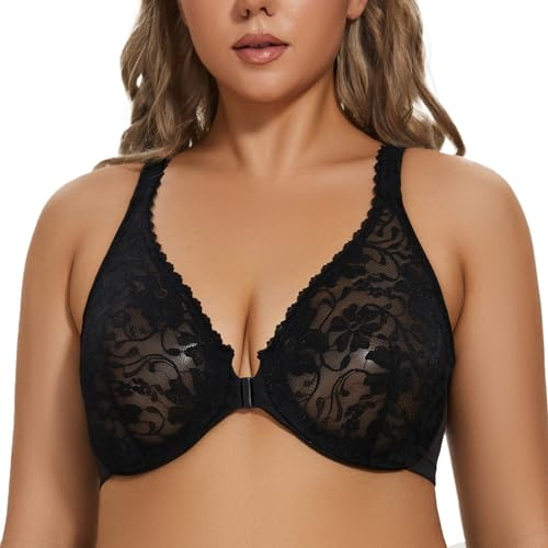 MELENECA Women's Front Fastening Underwire Plus Size Racerback Non Padded Sexy Lace Bra Black 48D