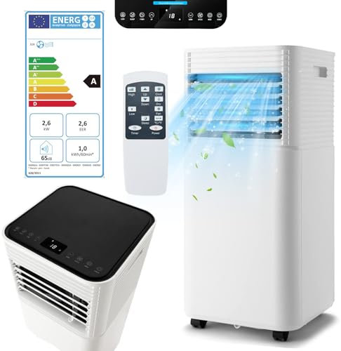 RELAX4LIFE Climatiseur Mobile Silencieux 9000BTU, Climatiseur Portable 4 en 1, Refroidisseur d'Air, Ventilateur, Déshumidificateur, Mode Nuit, Clim avec Minuterie 24H, 20㎡+, Classe Energie A, Noir