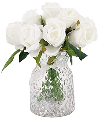 AngraveHome White Bud Rose Artificial Flower Arrangement In Pretty Textured Glass Vase (21cm) Home Decoration