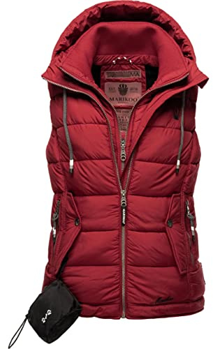 MARIKOO Lätt övergångsväst för kvinnor, quiltad väst med huva, Taisaa XS-3XL, Blodröd, L