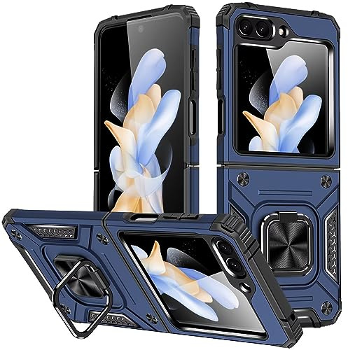 KANSi Funda para Samsung Galaxy Z Flip 5, Capa Anillo iman Soporte Hard PC y Silicona TPU Antigolpes Armor Carcasa - Azul