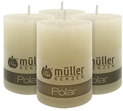 Müller Kerzen POLAR Stumpenkerzen mit Raureif-Effekt - Set mit 4 Rustikale Kerzen - Elfenbein - 68 x 100 mm - Lange Brenndauer 46 Stunden - Duftneutral - Tropfenfrei - RAL Qualität