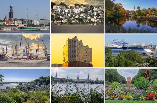 Postkarten-Set Hamburg - 9 Karten / Grußkarten / Ansichtskarten | Fotos Bilder vom Hamburger Hafen Alster Außenalster Blankenese Stadtpark Winterhude Elbphilharmonie Landungsbrücken