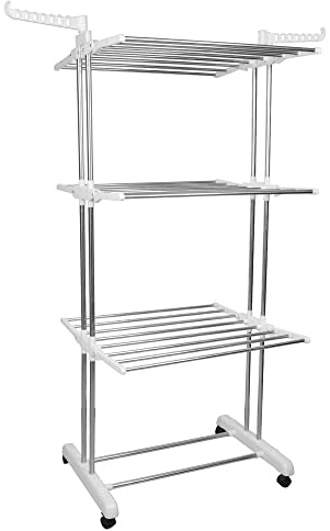 Etendoir à Linge, Etendage à Linge Pliable, Séchoir à linge sur 3 étagères à 6 Roues, Séchoir à Vêtements Mobile avec Ailes et Barre Supérieure, Tubes en Acier Inoxydable (Blanc,72*64*170cm)