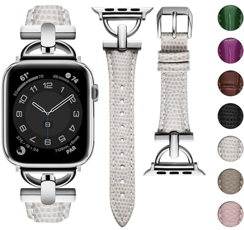 wutwuk Compatible avec Bracelet Apple Watch 42mm(S11/10)/41mm/40mm/38mm Boucle Métal en Forme de D Cuir Véritable Bracelet iWatch pour iwatch SE 3/2/1 Séries 11/10/9/8/7/6/5/4/3/2/-Blanc cassé