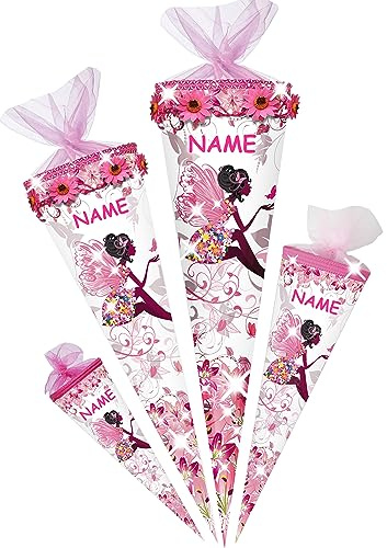 alles-meine.de GmbH Schultüte - Blumenfee/Schmetterlings Fee 70-100 cm Größe wählbar inkl. Name - Zuckertüte - Tüllabschluß/Filzabschluß - eckig/rund - Mädchen - kl..