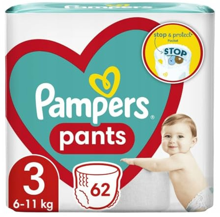 Pampers Pants Pañales Talla 3 (6-11 kg), 62 unidades, protección y comodidad Pampers en pañales fáciles de poner