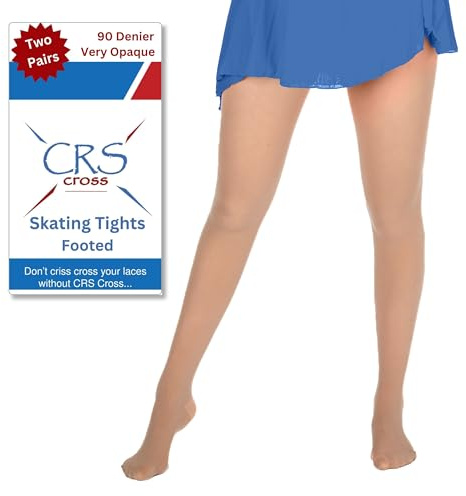 CRS Cross Skating Tights. 2 Pair of Footed Very Opaque Figure Skate Tights. Heavyweight 90 Denier Performance. Figure Skate Competitions, Ice Skating Practice and Dance. (Children 6-8 Light Tan)