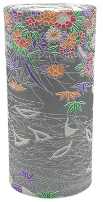 野口熊太郎茶園 Japanese Tea Canister Tin Waterside Flowers Silver Color/Double Lid/Japanese Washi Paper Pasted /200g Tea Capacity/Loose Leaf Tea Storage/Storage Container with Lid