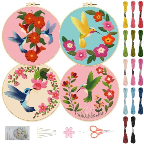 ORIGACH 4 Pack Blumen und Kolibri Stickerei Kits für Anfänger, DIY Starter Hand Stickerei Kit mit Blumen und Vögel Muster und Anleitungen für Erwachsene Frauen Crafting