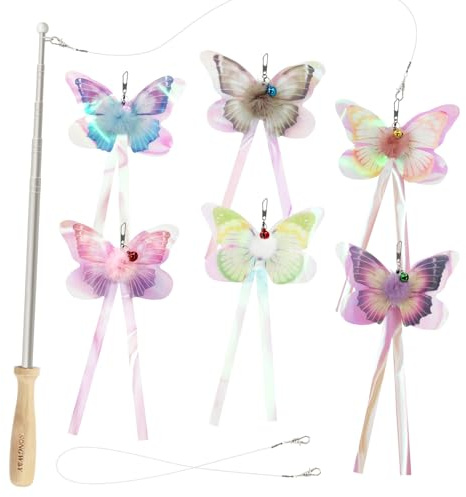 SONGWAY Cat Butterfly Toys Wand - 7 Pieces Cat Toy Set, Retractable Cat Wand with 6 Butterfly Cat Toys Replacement with Bells, Interactive Cat Toys for Indoor Cats Kittens