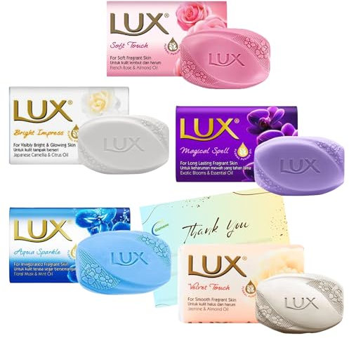 Soap Bar Bundle with 5 Pack Variety Soaps- Soft Touch, Magical Spell, Bright Impress, Aqua Sparkle, Velvet Touch (80g each) and Glameno Card