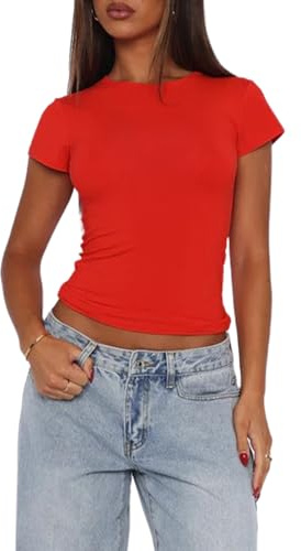 Damen Kurzarm T-Shirt Slim Fit Basic Rundhals Einfarbig Polyester Sommer Oberteil Lässig Tops(Rot-B,S)