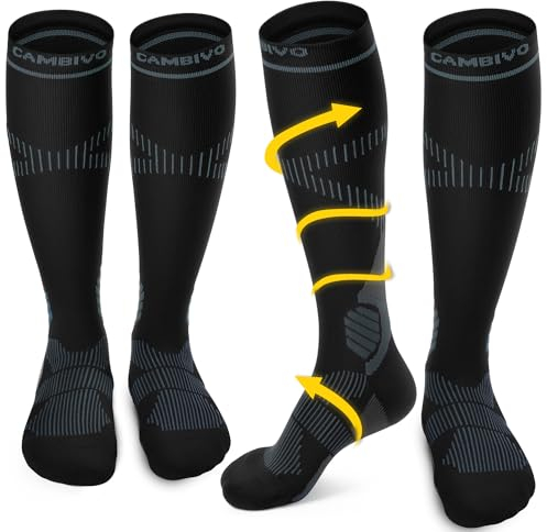 CAMBIVO Calze Compressione Graduata Donna Uomo 2Paia, Gambaletti Compressione Graduata 15-20 mmHg, Calze Elastiche a Compressione Antitrombo, Calzini Lunghe per Vene Varicose, Aereo, Sportive, Corsa