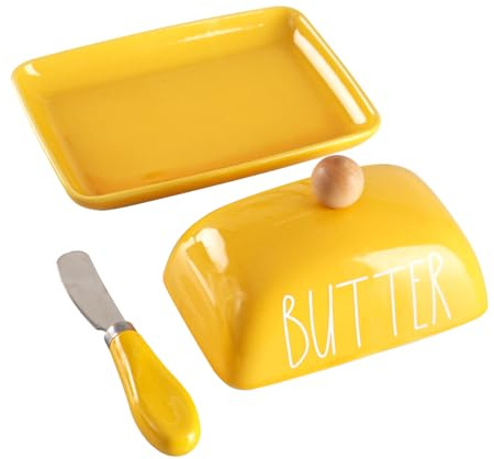 Mantequera de porcelana con tapa y cuchillo, recipiente de mantequilla cubierto con diseño de mango para encimera, color amarillo