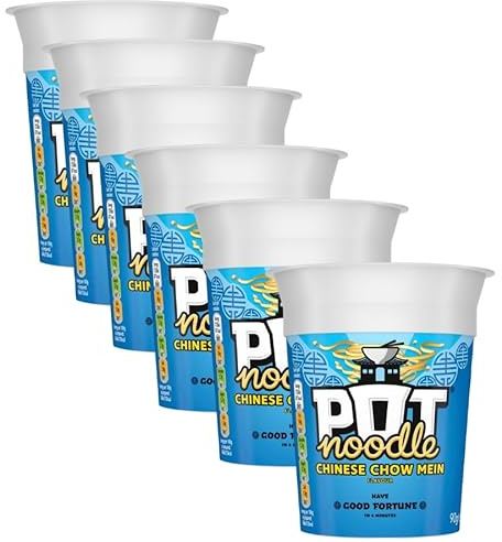 Pot Noodle Chinese Chow Mein 90g - 6 Pack | Noodles in a Chinese chow mein flavour sauce with vegetables and a little sachet of soy sauce.
