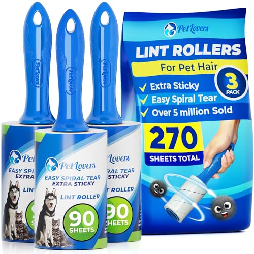 PetLovers 270 Sheets Extra Sticky Roller for Pet Hair Removal, Dog Cat Lint Remover, Pack of 3