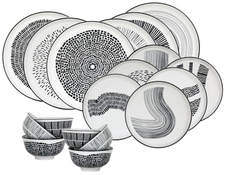 Artime - Service de Table, Assiettes et Bols 18 Pièces pour 6 Personnes, Assortiment de Vaisselle, Service à Imprimés Noirs et Blancs, Assiettes et Bols en Porcelaine