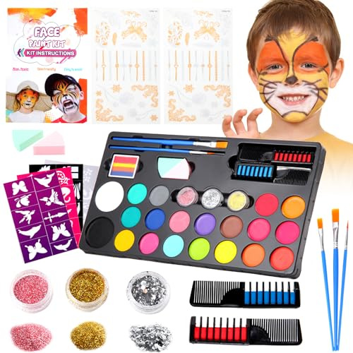 20 Colours Face Paint Kit - Aoriyar Safe Face Body Paint Water-based Non-toxic Easily Washable for Halloween - Face Painting for Adults Kids Actor