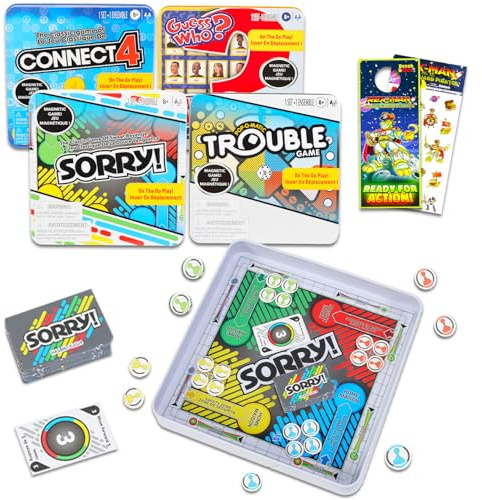 Hasbro Gaming Magnetic Game Travel Set for Kids - Bundle with 4 Travel Games in Tin Featuring Connect 4, Sorry, Trouble, Guess Who Plus Stickers | Travel Games for Kids 8-12