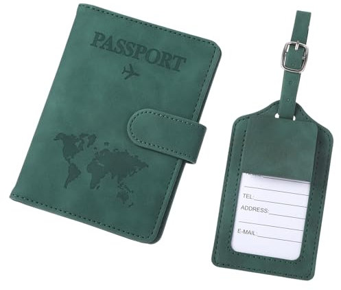 ODDerZZii Pu-Leder Reisepasshülle und Kofferanhänger, Elegant Passport Hülle mit RFID-Blocker, Passport Cover, Reisepass Hülle, Passport Holder für Ausweis Kreditkarten Pass Reiseutensilien(Grün