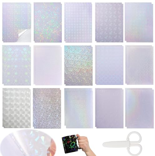 URHRHU 30 Pcs Feuilles Autocollant Holographique A4 Papier Holographique Transparent, Feuilles de Vinyle Adhésif Holographique avec 1 Ciseaux pour Décoration Artisanale DIY (15 Styles)