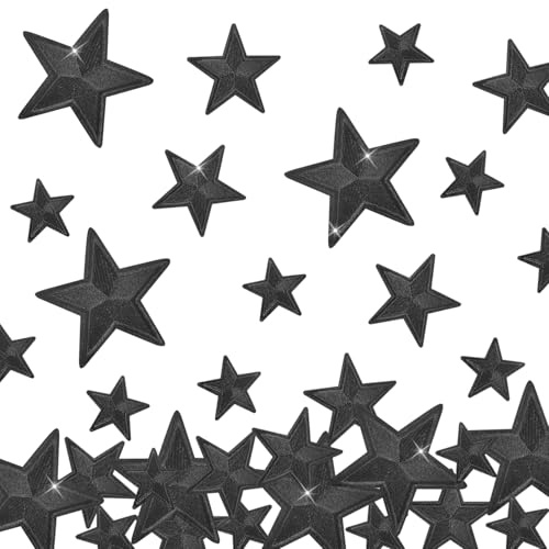 TXSN 24pcs Star Iron on Patches, Fully Embroidery Stars Patches for Clothing Jacket Backpacks Hat and More, 3 Size Black
