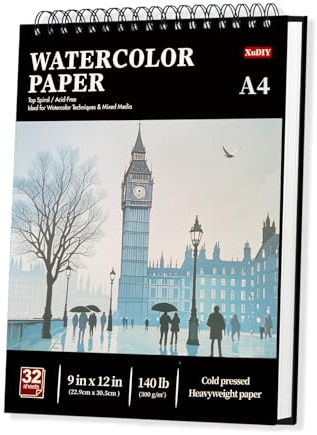 A4 Watercolour Paper Pad, 32 Sheets (64 Pages), 300GSM (140LB) Cold-Press, Natural White, Spiral-Bound A4 Sketchbook, Drawing Pad, Mixed Media Paper – Suitable for Beginners and Hobbyists