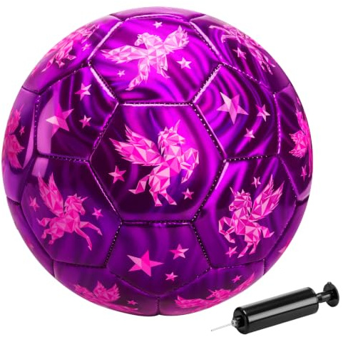 INPODAK Size 2 Football for Kids Purple Unicorn Ball with Pump Mesh Bag