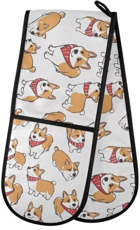 Ofenhandschuhe, doppelte Ofenhandschuhe, Corgi Hund, weiß, hitzebeständig, gesteppt, für Grillen, Backen, Küche, Kochen, Handschuhe