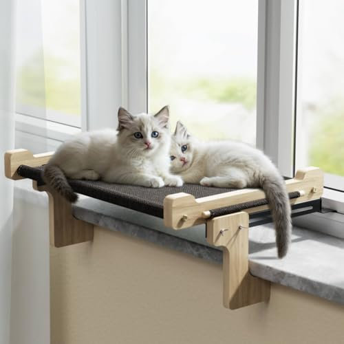 Eukue Katzen Hängematte Fensterplätze, Katzen Fensterliege für Katze mit Massivholz und Metall, Stabiles Fensterbrett Katze, Katzenliege Fenster, katzenhängebett Fenster (bis 30 kg)