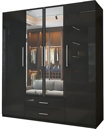 MN Furniture High Gloss 4 Door Hinged Wardrobe with Mirror, Drawers Shelves & Hanging Rails, Freestanding Bedroom Storage (Black, 160cm)