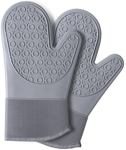 Ofenhandschuhe 2er Set, Extra Lang backhandschuhe Topfhandschuhe Silikon Anti-Rutsch Hitzebeständige Silikon und Baumwolle, für Kochen Backen Grillen, Grau