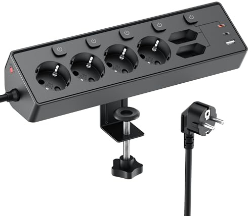 Regleta Escritorio con USB C (PD 30W), Interruptores Individuales Toma de Corriente de Escritorio, Regletas Enchufes Proteccion Sobretension, Cable de 2 Metros para Oficina en Casa,Cable 2M,Negro