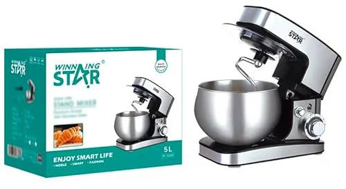 Winning Star - Sbattitore su base elettrica, 5 l, 1300 W, ciotola in acciaio inox, gancio per mixer rimovibile