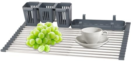 3 Pezzi Scolapiatti da Appoggio Pieghevole, Portatile Multiuso da Cucina, Leggero e Regolabile, Sopra il Lavello Colino Cestello, Scolapiatti per Organizer Tappetino per Asciugare Posate 63.5x33cm