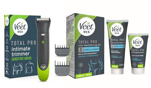 Veet Men Intimate Trimmer + Intim-Haarentfernungsset – Bundle für Männer mit Enthaarungscreme & Pflegebalsam – Intimrasierer & Pflege in einem