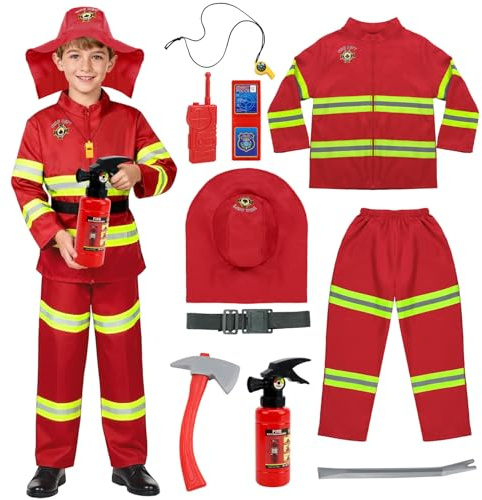 Crittygo Costume de Pompier pour Enfants, 10Pcs Deguisement Pompier Enfant avec Accessoires, Enfants Chef des Pompiers Cosplay Garçons Filles Halloween Noël Cadeau
