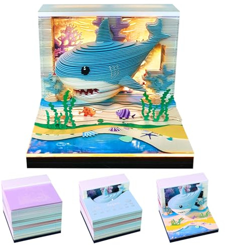 2026 3D Paper Sculpture Calendar with LED Light, Creative Tear-off Art Memo Pad, Whimsical Desktop Ornament, Unique Gift for Christmas, Birthday & Office Decor (Shark)
