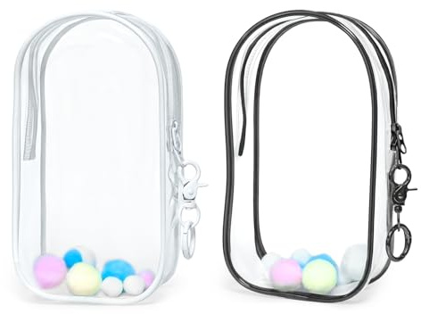 Huakaile 2 Packs 7.48''/19 CM Clear Figure Display Bag, PVC Clear Pouch Keychain with Zipper & Pompom, Doll Carrying Case Protector Charms Potable for Plush Storage Blind Box