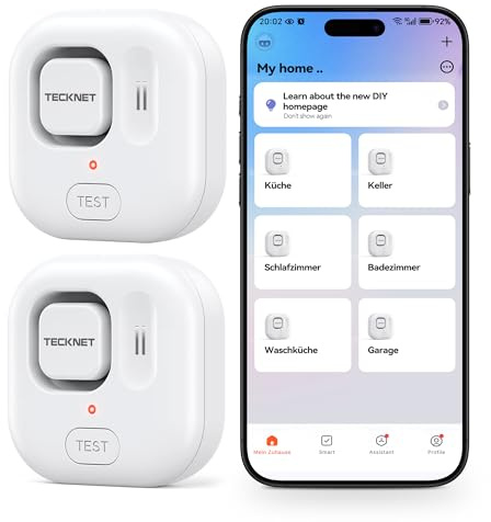 TECKNET 2PC Smart Wassermelder, WLAN Wassersensor mit kostenlosen Batterien, 120dB Einstellbarer Alarm & App-Benachrichtigung, IP67 kompakter Überschwemmungssensor für Küchen, Badezimmer (nur 2.4G)