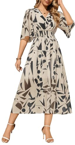 PASUDA Robe Longue Femme Été Manches Courtes Col V Chic et Elegant Floral Robe D'été Taille Haute Élastique Bohème Robe de Plage Décontractée Fête Vacances Mariage Aniversaire (Carrés Beiges, L)