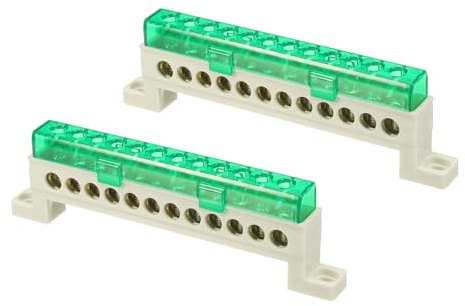 sourcing map 2 barre terminali a terra, 12 posizioni a vite, in ottone, blocco di massa 7 x 11 mm, per apparecchiature elettriche, scatola di distribuzione, verde