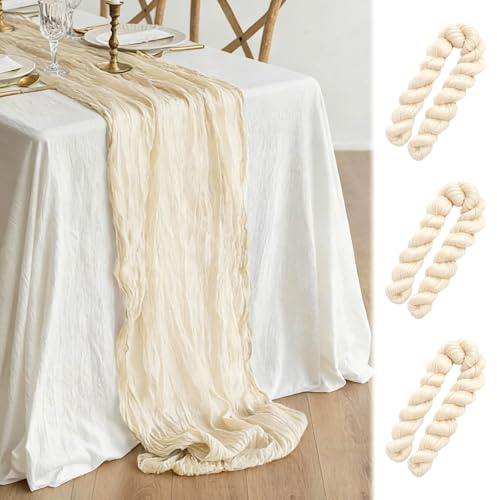 3 Stück Boho Käsetuch Tischläufer, 90×300CM Beige Salbeigrün Rustikaler Gaze-Stoff, Seihtuch Tischläufer, Boho-Dekoration für Hochzeitsdeko, Taufe Deko,Tischdeko Geburtstag, Babyparty (Beige)