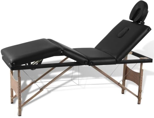 Molumvel Massageliege klappbar 4-Zonen Massagetisch mit Holzgestell 186x68cm tragbar inkl. Tragetasche Schwarz