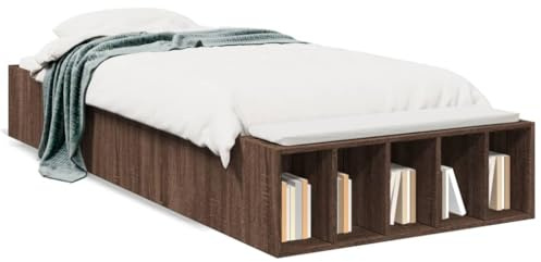 QJBSAVVA Bettgestell 90x200 cm Braun Eichen-Optik Einzelbett Holzwerkstoff mit Stauraum und Lattenrost Modernes Futonbett Jugendbett für Schlafzimmer und Wohnraum